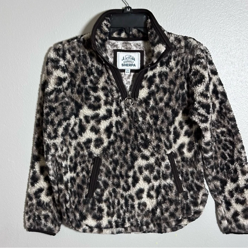 Cuddly Sherpa Girls Brown‎ Leopard Print Kids Fleece Jacket Pullover size 10/12